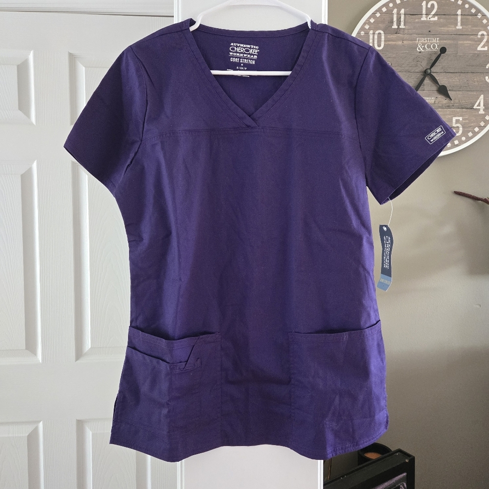 Cherokee Core Stretch V-Neck Scrub Top in Deep Purple